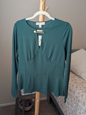 MICHAEL Michael Kors Teal Long-Sleeve Keyhole Top with Chain Bar